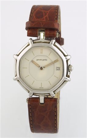 Gerald Genta: orologio da polso in acciaio, datario al tre.