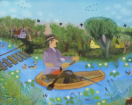 S. Bobovec "Pescatore in barca" cm. 40x50 -pittura naif Firmato b. a s.