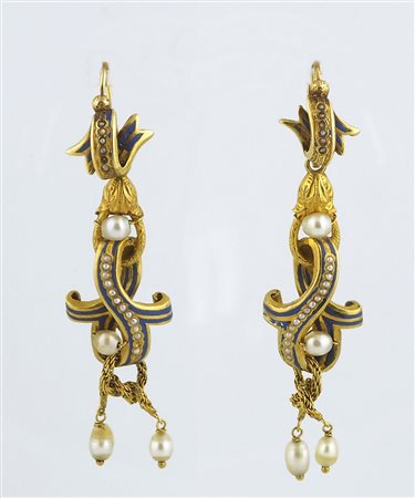 Orecchini pendenti in oro giallo satinato con perline e smalti, gr 11....