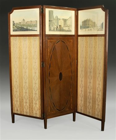 Paravento a 3 ante con struttura in legno, coperto da stoffa e 3 stampe...