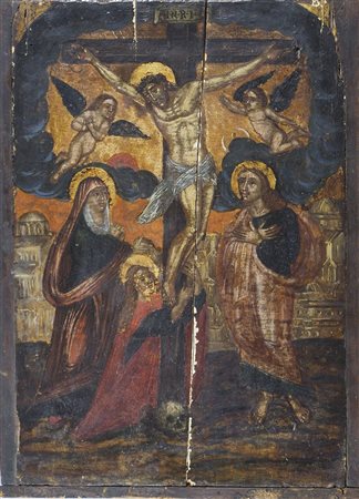 Pittura su tavola raffigurante crocifissione. cm. 45x32. (rotture).