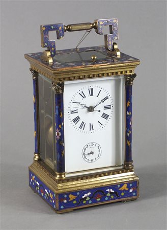 Orologio da tavolo "cappuccina" decorato a smalti policromi- H. cm. 21.