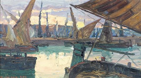 Walter Lazzaro 1914-1989 "Porticciolo con barche" cm. 20x36 - olio su...
