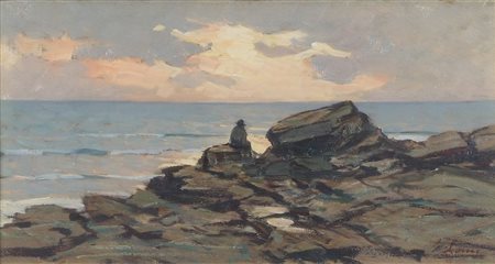 Giovanni Lomi Livorno 1899-1969 "Tramonto sugli scogli" cm. 20x40 - olio su...