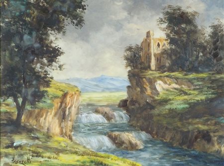 Franzetti "Castello sul fiume" cm. 18x24 - tecnica mista Firmato b. a s.