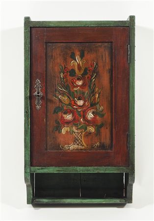 Mobiletto da muro in legno dipinto a motivi floreali con anta.