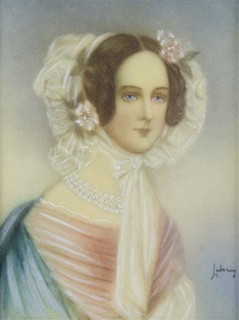 Lotto di 2 miniature dipinte raffiguranti gentildonne, entrambe firmate ed...