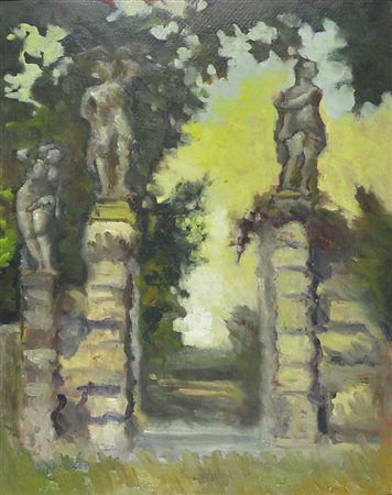 Pittore del '900 Lotto di 2 oli su cartone cm. 40x50: a) "Veduta di Villa" b)...