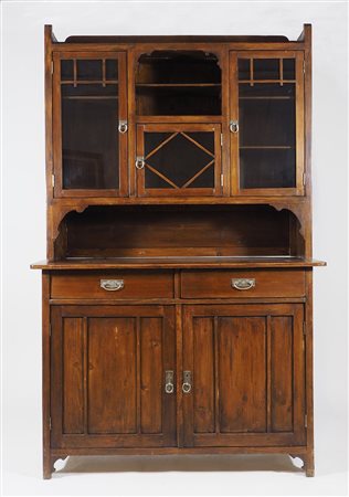 Credenza in legno a doppio corpo, parte inferiore a 2 ante e 2 cassetti,...