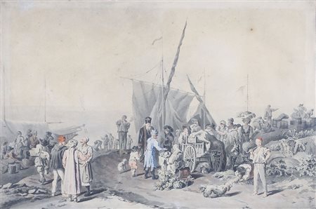 Stampa a colori raffigurante personaggi al porto, cm. 37x49.