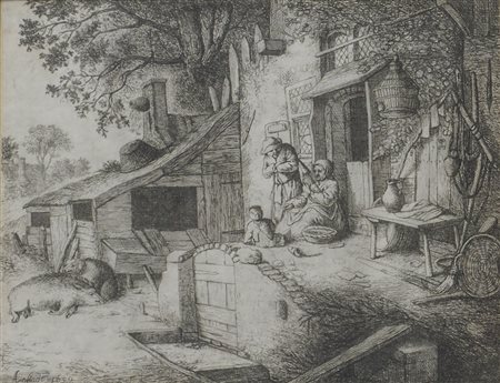 Incisione raffigurante scena di fattoria, cm. 14x17.