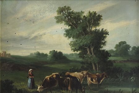Maestro del XIX secolo "Al pascolo" cm. 21x29 - olio su tavola
