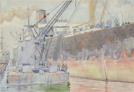 Pittore fine XIX secolo "Riparazioni sulla nave" cm. 26x38 - acquerello su...