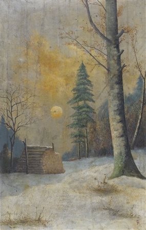 Pittore del '900 "Tramonto nel bosco" cm. 70x45 - olio su tela (difetto)...