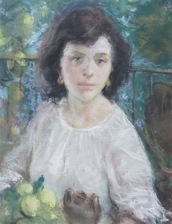 Michele Loberto 1922-? "Ragazza" cm. 39x30 pastelli colorati Firmato alto a d.
