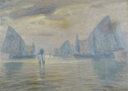 Ugo Flumiani Trieste 1876-1938 "Tramonto sul mare" cm. 75x105 - olio su tela...