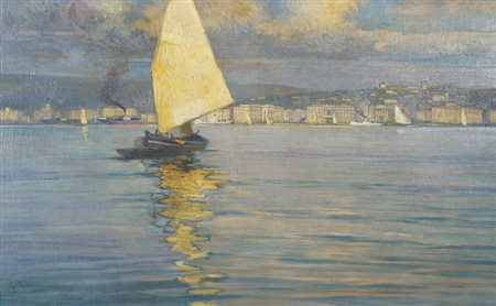 Giovanni Zangrando Trieste 1867-1941 "Trieste dal mare" cm. 72x118 - olio su...