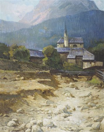 Giovanni Zangrando Trieste 1867-1941 "Paesaggio a Pieve di Cadore" cm. 75x60...