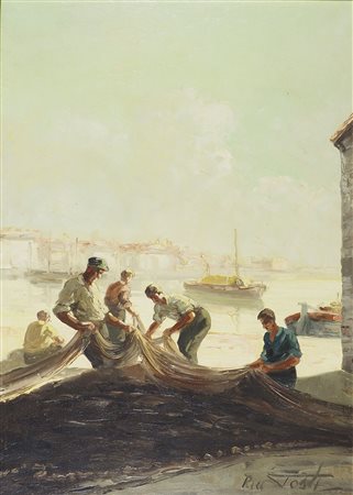 Riccardo Tosti Trieste 1910-1986 "Dopo la pesca" cm. 70x50 - olio su tela...