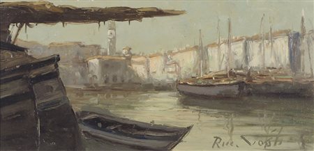 Riccardo Tosti Trieste 1910-1986 "Barche attraccate" cm. 20x40 - olio su...