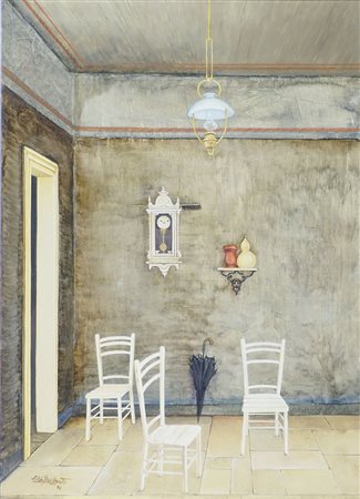 Aldo Bressanutti 1923 "Interno con sedie" cm. 35x25 - tecnica mista Firmato...