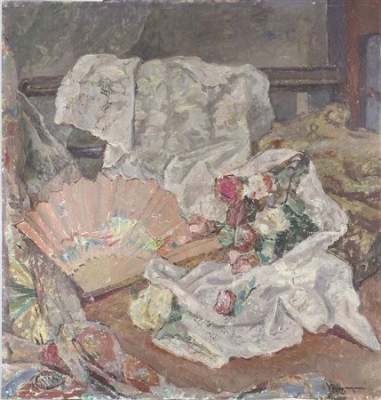 Vittorio Bergagna Trieste 1884-1965 "Natura morta con ventaglio" cm. 73x69 -...