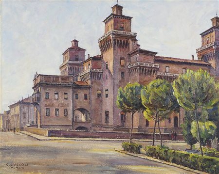 Cesare Cuccoli 1895-1978 "Ferrara, Castello Estense" cm. 40x50 - olio su...
