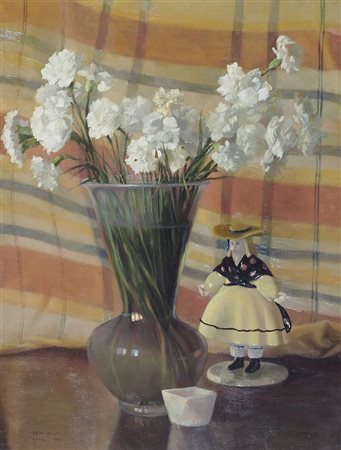 Bruno Croatto Trieste 1875-Roma 1948 "Fiori e statuina" cm. 60x46 - olio su...