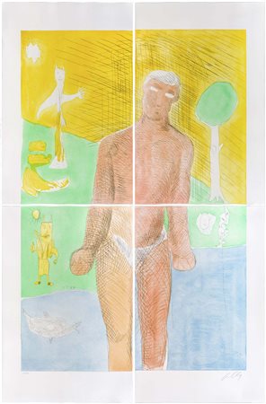 SANDRO CHIA (1946) Senza titolo Acquaforte acquerellata divisa in 4 tavole,...