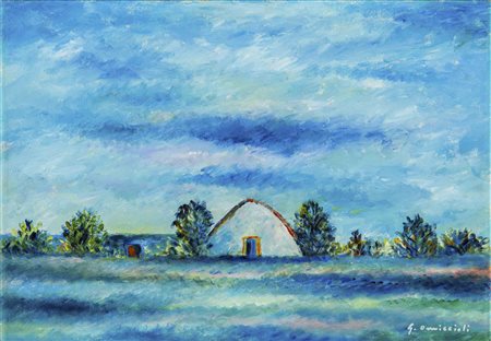 GIOVANNI OMICCIOLI (1901 - 1975) Capanno a Fregene Olio su tela applicata su...