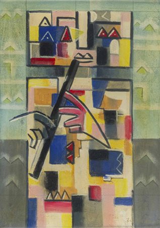 IBRAHIM KODRA (1908 - 2006) Suonatore di flauto 1987 Olio su tela 70 x 50 cm...