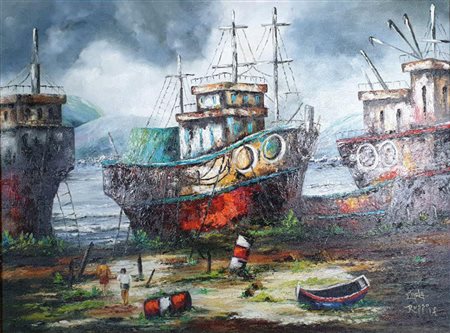 CARLA RUSSO Barche 1 olio su tela cm 100x130