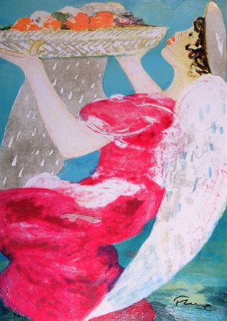 FIUME SALVATORE (Comiso 1915 - Canzo 1997) "Angelo con fruttiera" Litografia...