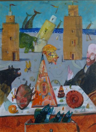 POSSENTI ANTONIO (Lucca 1933) "Le due torri sul mare" 1998 Olio su cartone...