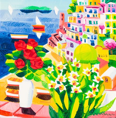 ATHOS FACCINCANI (1951)Vaso con rose a PositanoOlio su telacm 40x40Firma al...