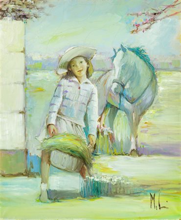 INNOCENZO MELANI (1933)Bambina con cavalloOlio su telacm 60x50Firma al...