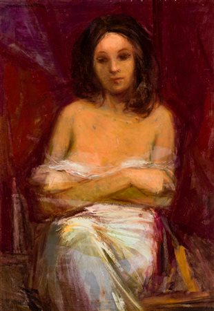 FRANCO MAZZUCCHETTI (1935-1996)Figura con fondo rossoOlio su telacm...