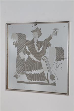 BRUSOTTI LUIGI Specchio. Vetro inciso e legno. Cm 63,00 x 63,50 x 1,50. Anni...