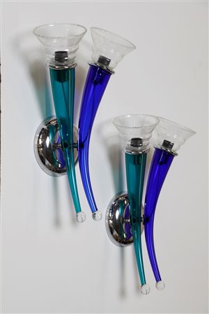 GIUSEPPE RIGHETTO Coppia di appliques mod. Ducale. Metallo cromato, vetro di...