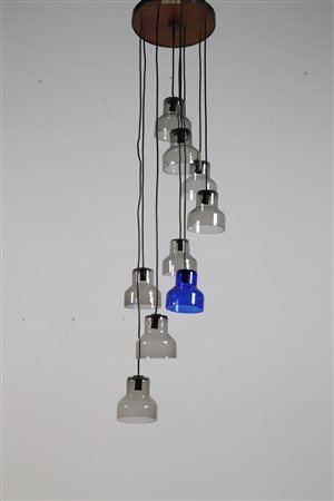 PELZEL PETER Lampadario. Metallo cromato e vetro. Cm 45,00 x 165,00 x 45,00....