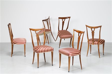 MANIFATTURA ITALIANA Sei sedie. Legno di noce e tessuto. Cm 48,00 x 96,50 x...