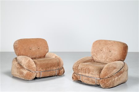 MANIFATTURA ITALIANA Coppia di poltrone. Metallo cromato e tessuto. Cm 100,00...