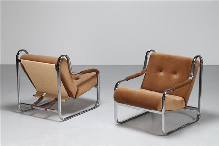 MANIFATTURA ITALIANA Coppia poltrone. Tessuto e metallo cromato. Cm 69,00 x...