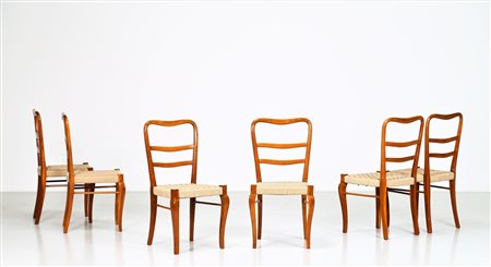 MANIFATTURA ITALIANA Sei sedie . Legno di rovere e corda. Cm 48,00 x 92,00 x...