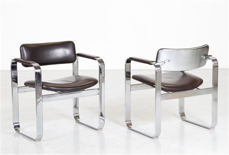 PANTON VERNER (1926 - 1998) Coppia di poltroncine. Acciaio e skai. Cm 65,00 x...