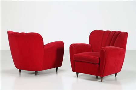 MANIFATTURA ITALIANA Coppia di poltrone. Legno e tessuto. Cm 87,00 x 80,00 x...