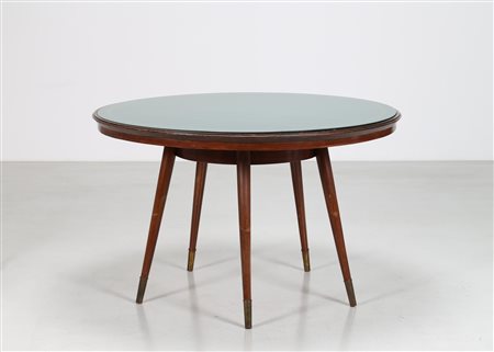 MANIFATTURA ITALIANA Tavolo rotondo. Legno ottone e vetro. Cm 128,00 x 80,00....