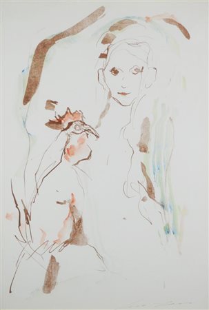 Ernesto Treccani RITRATTO FEMMINILE CON GALLO gouache e acqurello su cartone,...