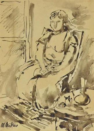 Giulio Da Milano DONNA SEDUTA acquarello su carta, cm 29x21 sul fronte: firma