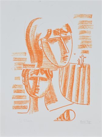 Mario Tozzi DUE TESTE litografia su carta, cm 47x35 esemplare IV su V prova...